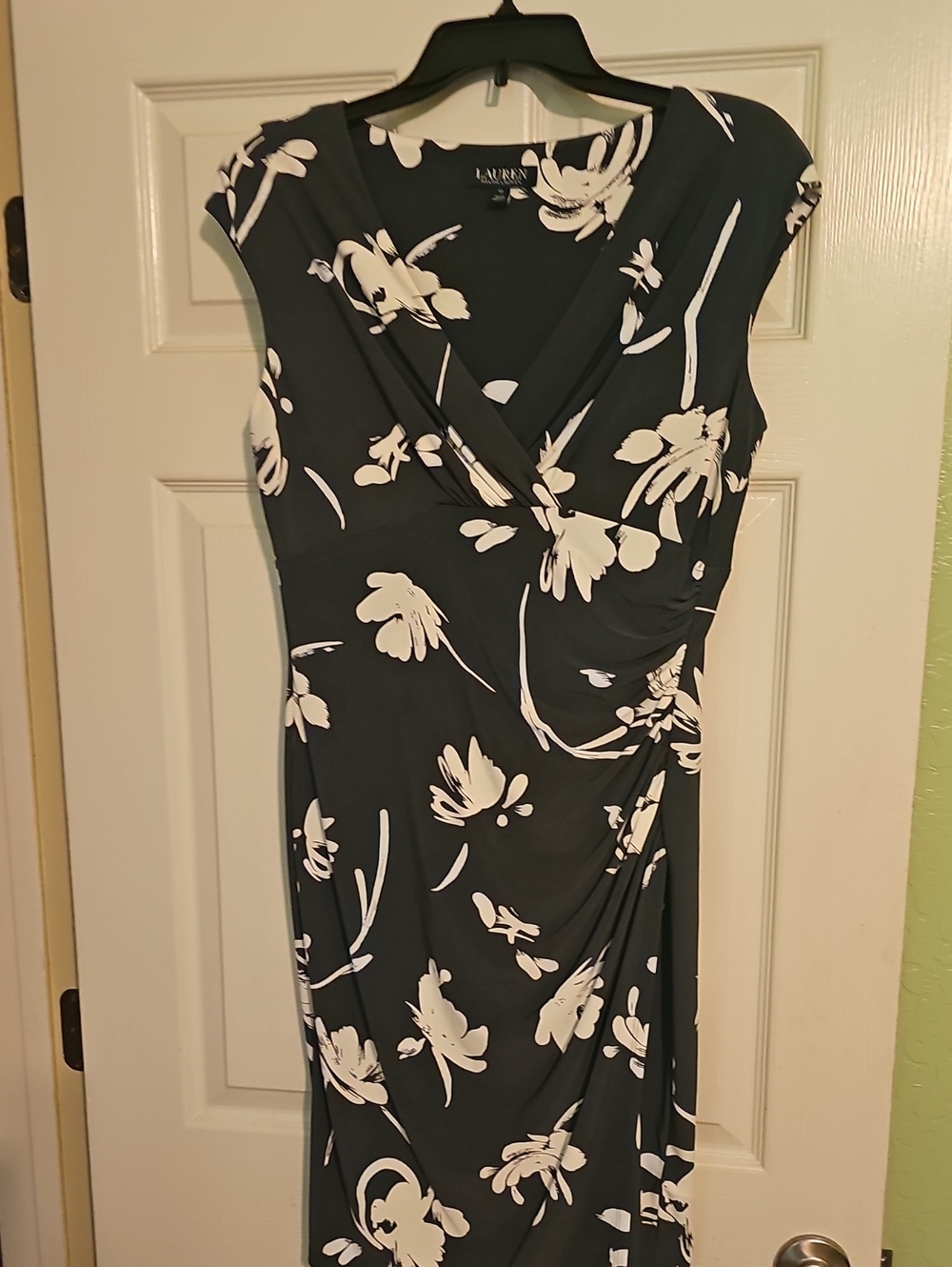 Lauren Ralph Lauren Black and White Floral Faux-Wrap Midi Dress